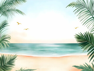 Obraz premium Tropical Beach Illustration: Palm Leaves and Ocean