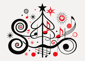 Obraz premium Christmas Music with Musical Notes, Treble Clef, and Stylized Christmas Tree in Festive Design