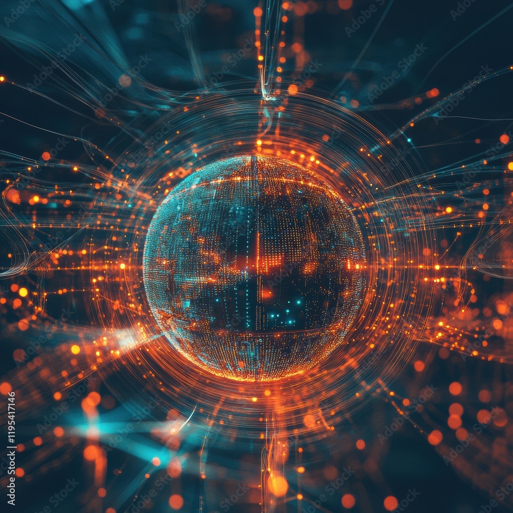 Poster glowing digital globe with dynamic lines and points showcasing global connectivity and technological