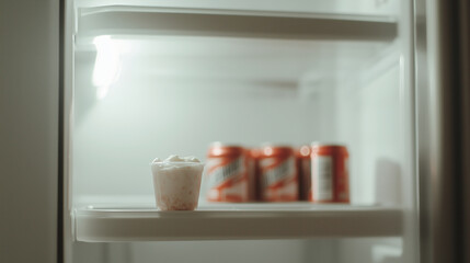 Fridge Interior with Yogurt Cup and Diet Soda Cans