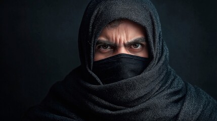 Naklejka premium portrait of young man in black hoodie and mask