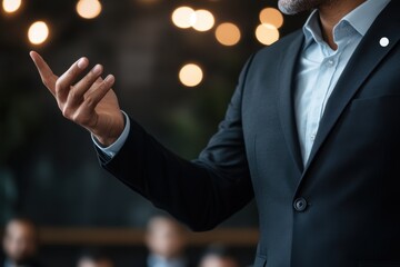 National Entrepreneurship Week Caucasian male adult in business suit gesturing during presentation