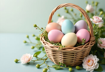 Naklejka premium An Easter poster featuring a basket filled with colorful eggs.