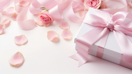 Elegant gift box with pink ribbon and rose petals on white surface