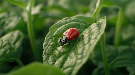 Fototapeta premium National Be Nice to Bugs Day Ladybug on leaf in lush greenery close-up with natural lighting