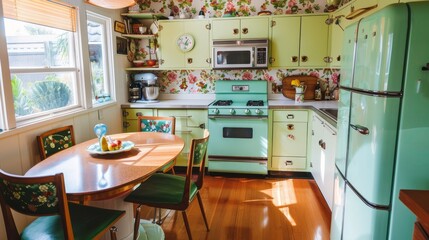 A vintage kitchen with floral wallpaper, mint green appliances, and a cozy dining area.
