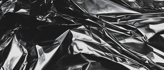 Crumpled black foil with glossy texture creates an interesting visual pattern in the soft light