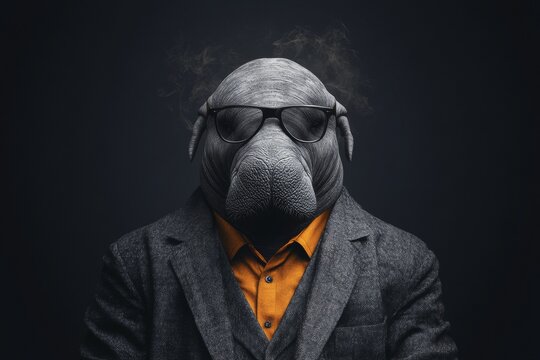 A sophisticated dugong in a grey suit and orange shirt, exuding a mysterious aura against a dark background.