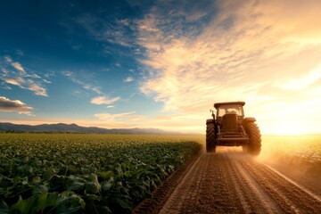 Fototapeta premium Tractor driving through a field at sunset. The warm colors of the setting sun illuminate the landscape, creating a peaceful and serene atmosphere.