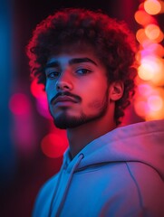 Young man with curly hair, serious expression, neon lights.