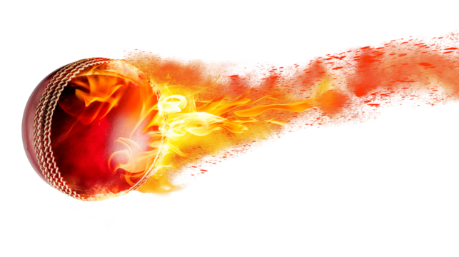 Burning cricket ball flying with flames isolated on white and transparent background, cut out png