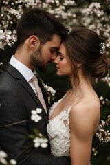 Romantic young caucasian couple embracing in blooming garden wedding moment National Wedding Month