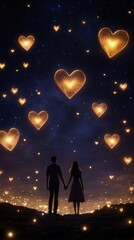 Obraz premium Romantic evening with stars and heart-lights, young couple holding hands under night sky