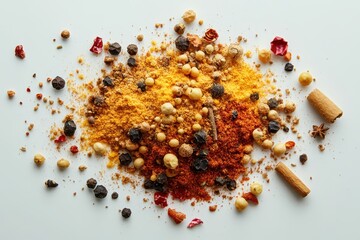The image, captured from a top-down perspective, showcases a scattering of vibrant spices on a clean white background. 