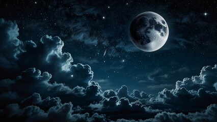 Fototapeta premium Romantic Moon In Starry Night Over Clouds 