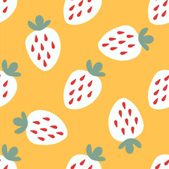 Strawberry pattern. Vector seamless pattern with white strawberries on vibrant yellow background. Ideal for summer-themed designs, textiles, wallpapers and creative projects