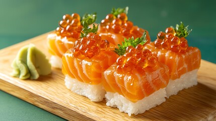 Delicious sushi with salmon and caviar on a wooden plate.