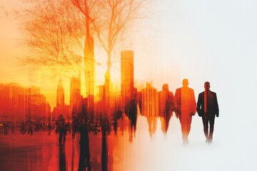 Silhouetted figures of men walking in a city at sunset, superimposed over a vibrant cityscape. A powerful image of ambition and urban life.