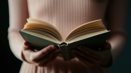 International Day of Education Female adult caucasian reading open book indoors in soft light