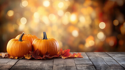Halloween, orange pumpkins on a wooden table on a bokeh glowing background, copy space