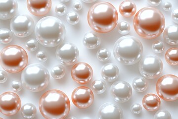 The image, taken from an overhead perspective, displays a collection of lustrous pearls scattered across a pristine white background. 