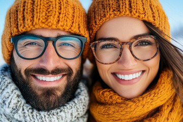 Happy couple smiles brightly in winter knit hats and scarves.  Warm colors and cozy vibes.