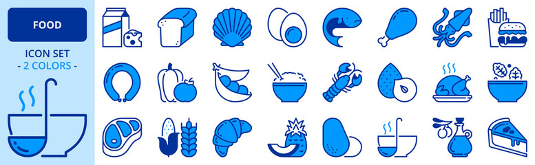 Icons in two colors about Food. Fruit and vegetables, protein, and grains