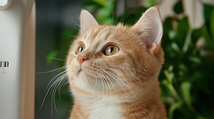 Alert orange tabby cat with whiskers in indoor greenery setting