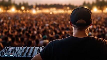 National DJ Month Male dj performing at outdoor music festival with massive crowd at sunset