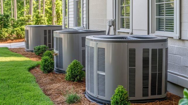 Outdoor central air conditioning units in residential setting on a sunny day