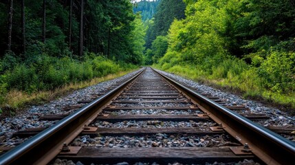 Fototapeta premium Railroad Tracks Through Lush Green Forest
