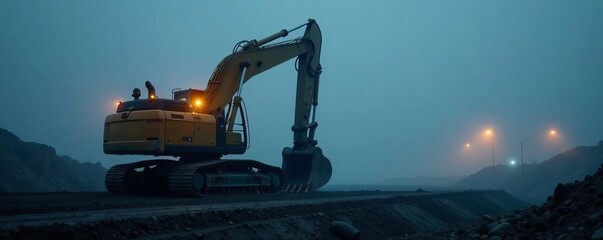 Excavator working at night in a misty construction site under artificial lights.