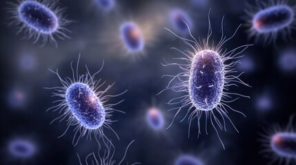 Microscopic view of vibrant bacteria with radiating flagella in dark environment