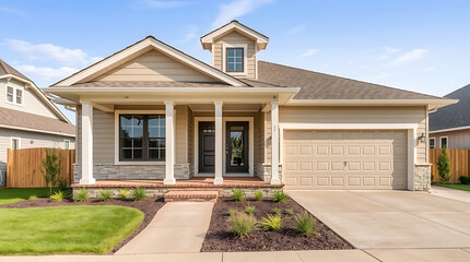 Luxury Suburban Home Exterior: Modern Architectural Design, Landscaping, and Spacious Garage