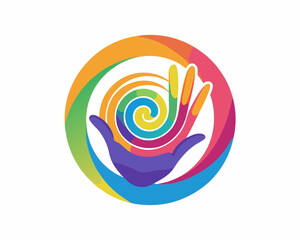 Colorful Abstract Hand Logo with Spiral Palm and Rainbow Fingers in Vibrant Gradient