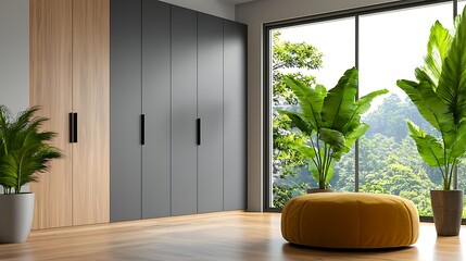 Cozy and nature inspired home interior featuring a modular wardrobe system providing efficient storage and a serene minimalist atmosphere with abundant greenery and natural light