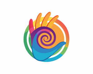 Colorful Abstract Hand Logo with Spiral Palm and Rainbow Fingers in Vibrant Gradient