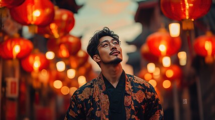 Obraz premium Young asian man wearing traditional chinese outfit against blurry red lantern outside, Lunar New Year celebration