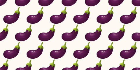 Seamless pattern featuring glossy purple eggplants with green stems on a light background. Perfect for food-related designs, healthy eating themes, vegan concepts, agriculture, and culinary projects.