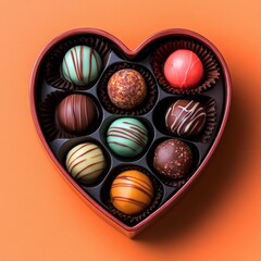Obraz premium A heart-shaped chocolate box filled with colorful truffles on a bold orange background. Perfect for Valentine's Day promotions and gift ideas.