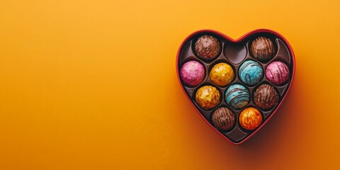 A heart-shaped chocolate box filled with colorful truffles on a bold orange background. Perfect for Valentine's Day promotions and gift ideas.