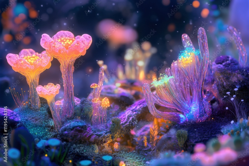 Leinwandbilder exploring a magical microscopic ecosystem filled with friendly microbes and vibrant flora. generativ