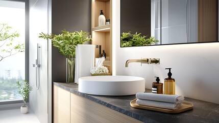Fototapeta premium Dressing area with natural stone countertops and soft inviting lighting design for a modern minimalist bathroom interior Showcasing a spa like luxurious and sophisticated aesthetic with a calming