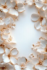 White flowers with gold edges border a light background; use for elegant backdrop