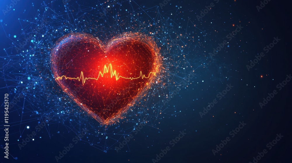 Fototapete Glowing red heart with dynamic cardiogram visualized in a dark digital space showcasing life and energy. Generative AI