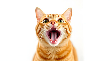 Orange cat with open mouth and surprised expression on white background.