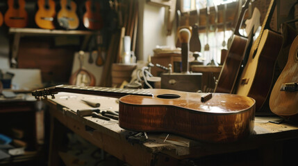 A small luthier studio with a blend of traditional and modern tools, focusing on one masterpiece at a time