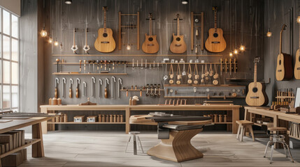 A spacious, minimalist luthier workspace with advanced tools and custom guitars displayed elegantly