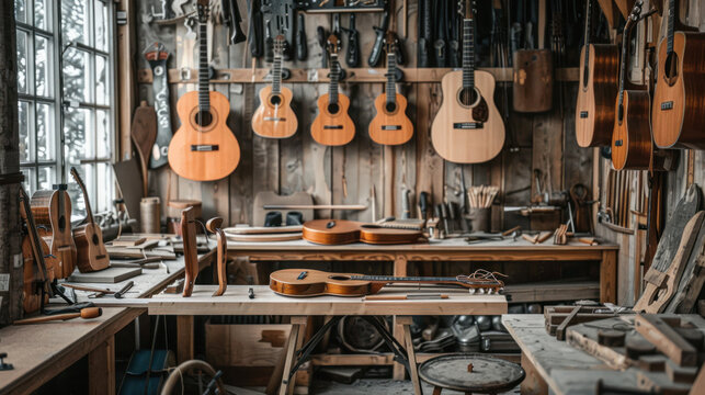 A small rural workshop where a luthier crafts guitars using locally sourced wood, surrounded by nature