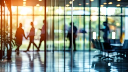 A blurred, interior business people at tables through a glass wall. This appears to be an office setting